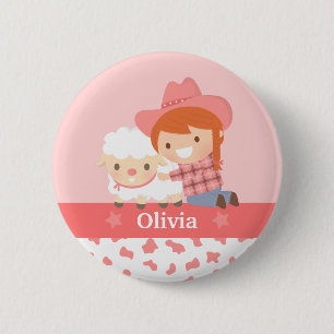 Niedliches glückliches Cowgirl mit Lamm für Button