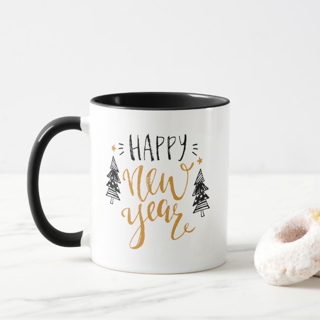 Niedliches glückliches neues Jahr fasst Tasse ab (Mit Donut)