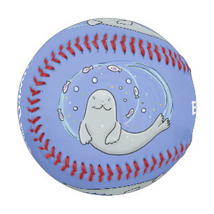 Niedliches glückliches Siegel und Cartoon in Fisch Baseball