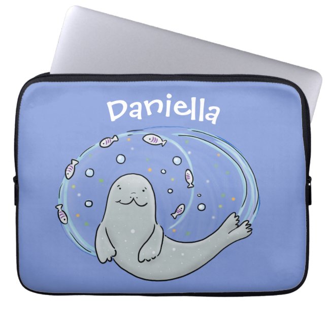 Niedliches glückliches Siegel und Cartoon in Fisch Laptopschutzhülle (Vorderseite)