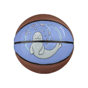 Niedliches glückliches Siegel und Cartoon in Fisch Mini Basketball
