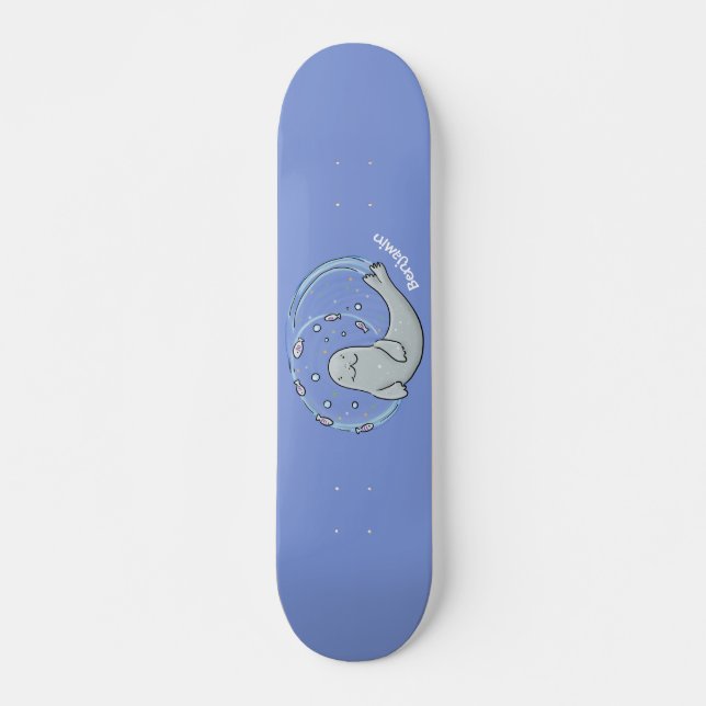 Niedliches glückliches Siegel und Cartoon in Fisch Skateboard (Vorne)