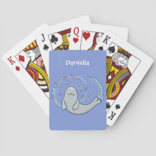 Niedliches glückliches Siegel und Cartoon in Fisch Spielkarten
