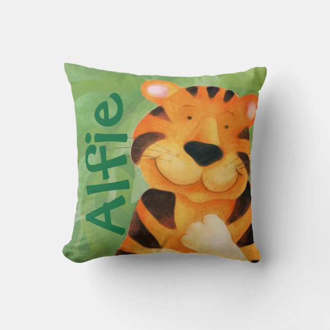 Niedliches glückliches Tigergesichtsquadratname Kissen (Vorderseite)