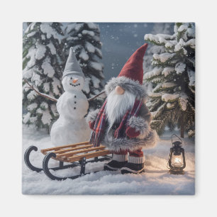 Niedliches Gnom in Santa-Kleidung mit Schlitten Magnet
