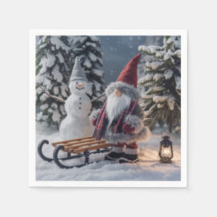 Niedliches Gnom in Santa-Kleidung mit Schlitten Serviette