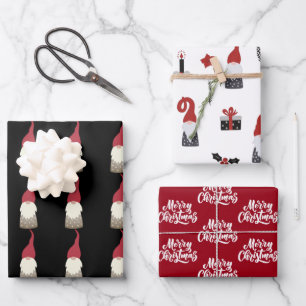 Niedliches Gnome Black and Red Christmas Geschenkpapier Set