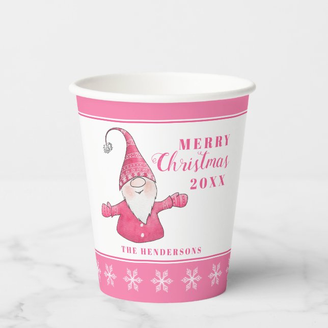 Niedliches Gnome Custom White and Pink Christmas Pappbecher (Vorderseite)