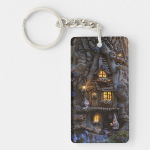 Niedliches Gnome-Haus in einem Baum Schlüsselanhänger