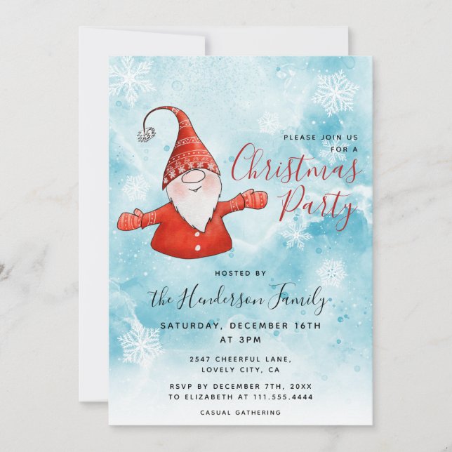 Niedliches Gnome in Red Blue Weihnachts-Party Einladung (Vorderseite)