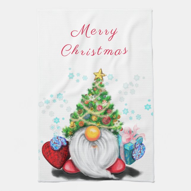 Niedliches Gnome mit Weihnachtsbaumhut und Geschen Geschirrtuch (Vertikal)