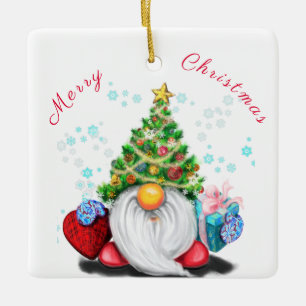 Niedliches Gnome mit Weihnachtsbaumhut und Geschen Keramikornament