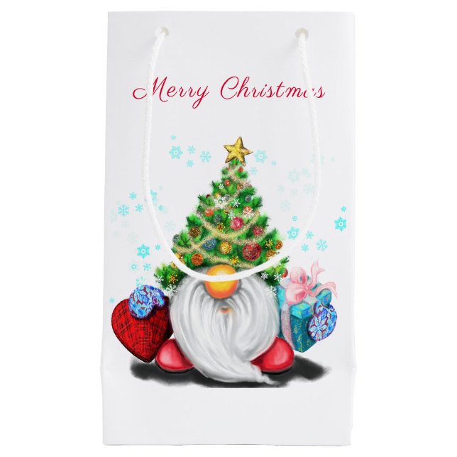 Niedliches Gnome mit Weihnachtsbaumhut und Geschen Kleine Geschenktüte (Vorderseite)