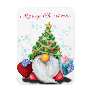 Niedliches Gnome mit Weihnachtsbaumhut und Geschen Magnet
