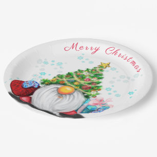 Niedliches Gnome mit Weihnachtsbaumhut und Geschen Pappteller