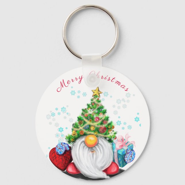 Niedliches Gnome mit Weihnachtsbaumhut und Geschen Schlüsselanhänger (Vorderseite)