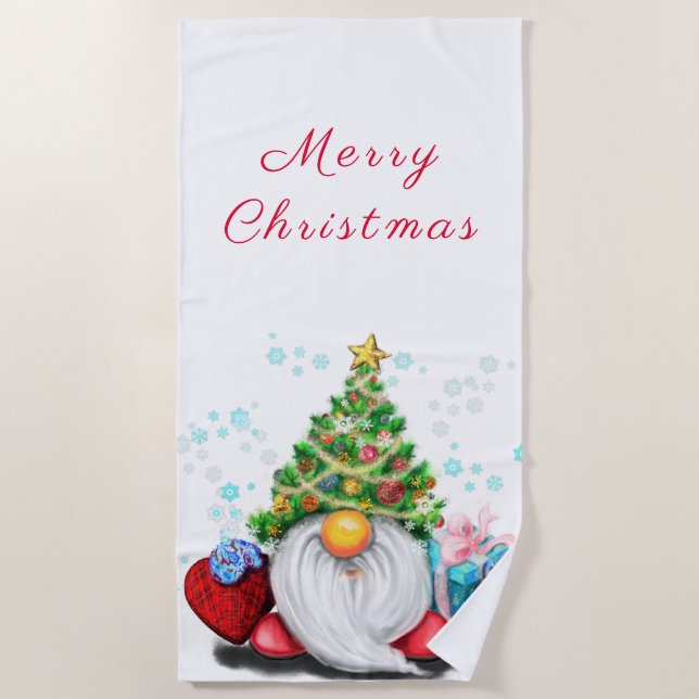 Niedliches Gnome mit Weihnachtsbaumhut und Geschen Strandtuch (Vorderseite)