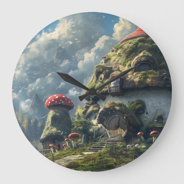 Niedliches Gnome, Pilzhaus Große Wanduhr (Vorderseite)