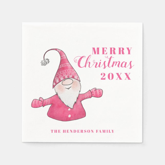 Niedliches Gnome Weiß und Rosa Weihnachten Serviette (Vorderseite)