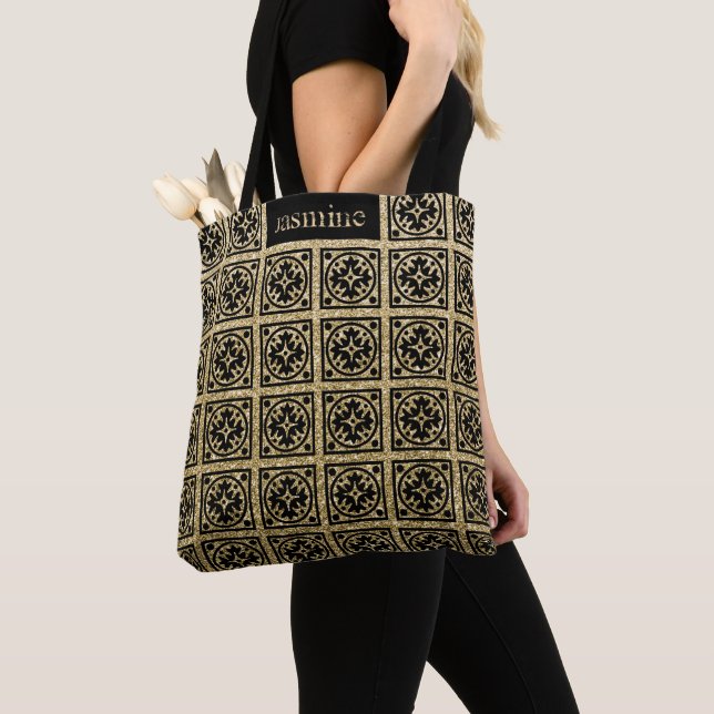 Niedliches Gold Black Glitzer Muster Personalisier Tasche (Von Nahem)