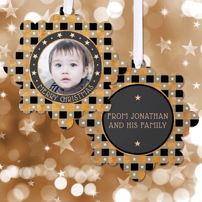 Niedliches Gold Buffalo Kariert & Stars Frohe Weih Ornament Karte (Von Creator hochgeladen)