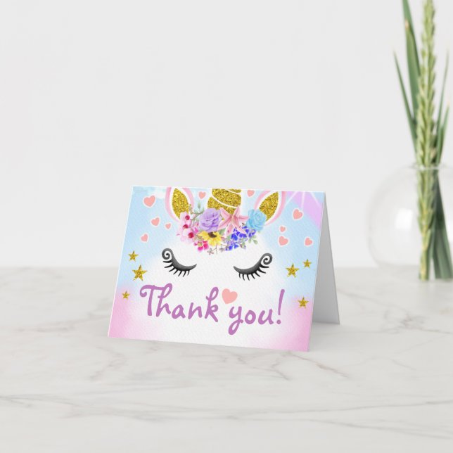 Niedliches Gold Glitzer Einhorn mit Blume Dankeskarte (Vorderseite)