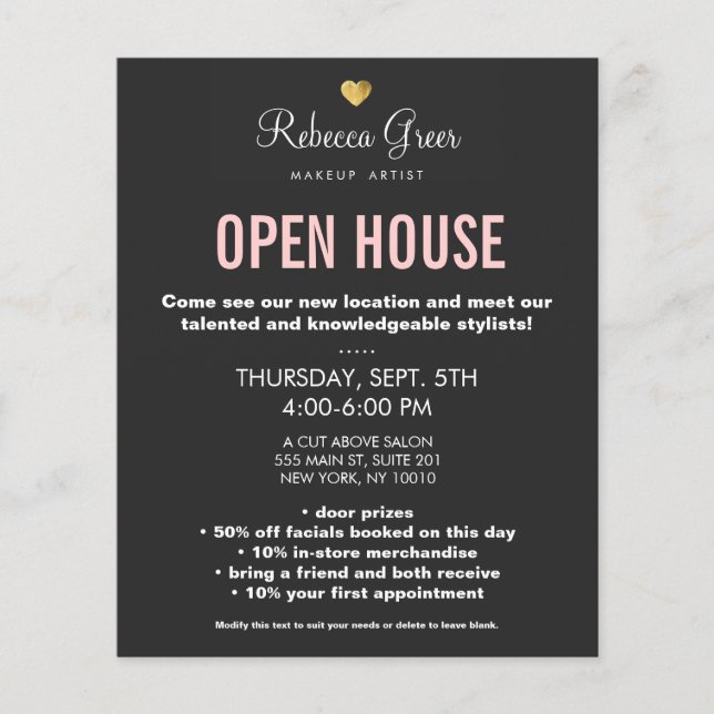 Niedliches Gold Heart Black Beauty Salon Open Hous Flyer (Vorne)