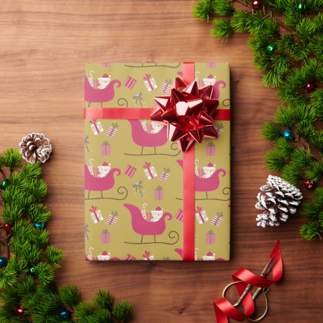 Niedliches Gold & Red Santa Sleida Kinder Weihnach Geschenkpapier (Feiertagsgeschenk)