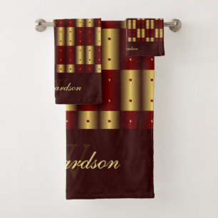 Niedliches Gold und Burgund Mit Monogramm überprüf Badhandtuch Set