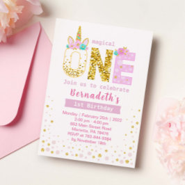 Niedliches Gold und Rosa Confetti Einhorn 1. Gebur Einladung