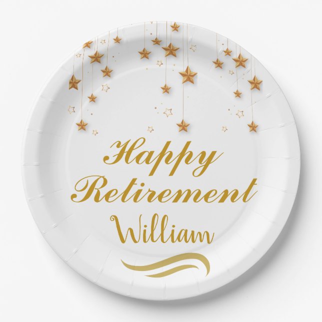 Niedliches Gold & White Script Happy Retirement Pappteller (Vorderseite)