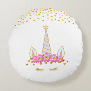 Niedliches Goldenes Einhorn, Blume & Goldene Confe Rundes Kissen