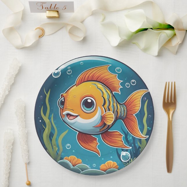 Niedliches Goldfish Baden unter Wasser mit Blasen Pappteller (Hochzeit)