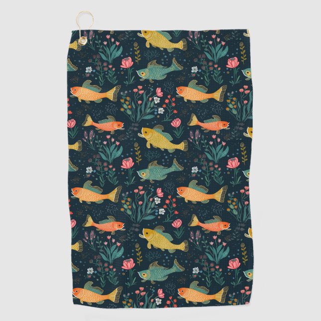 Niedliches Goldfish Koi Aquatic Pflanze Muster Golfhandtuch (Vorderseite)