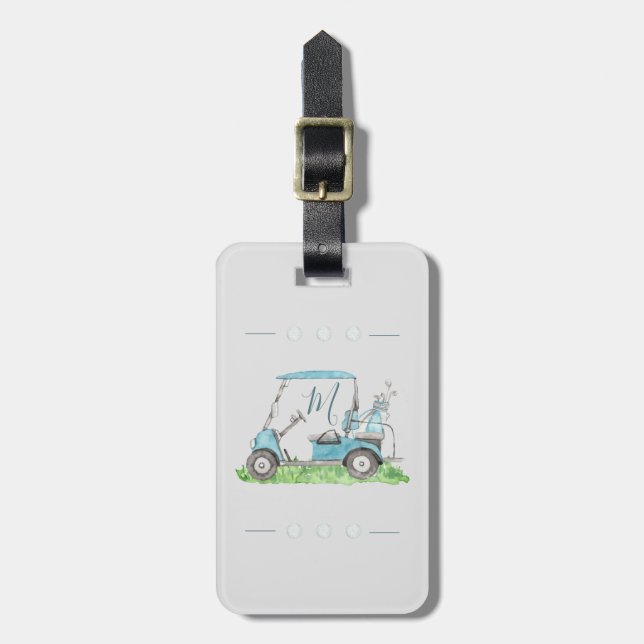 Niedliches Golf Cart Blue Watercolor Monogram Gepäckanhänger (Vorderseite vertikal)