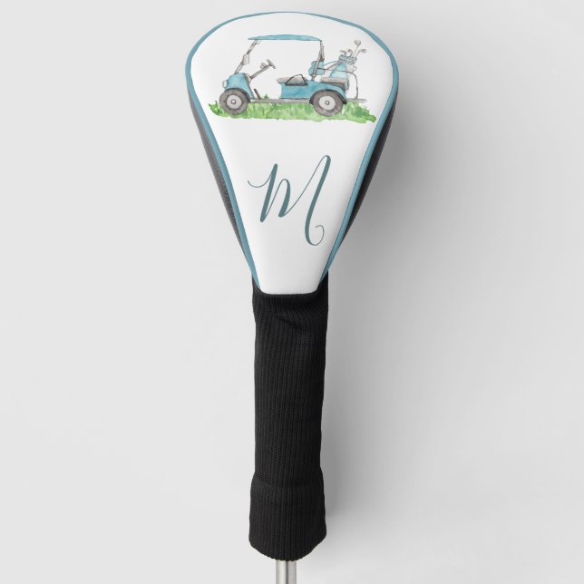 Niedliches Golf Cart Blue Watercolor Monogram Golf Headcover (Vorderseite)