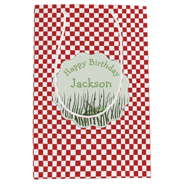Niedliches Grasshopper Bug Theme Custom Birthday Mittlere Geschenktüte (Vorderseite)