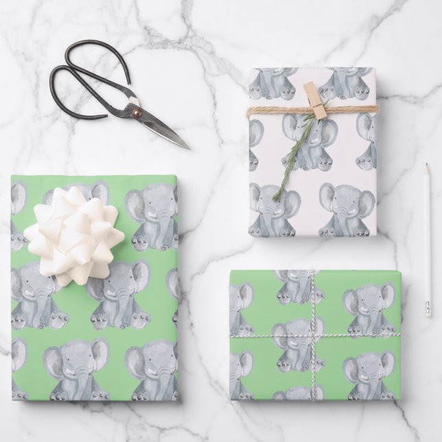 Niedliches graues Elefantendesign Geschenkpapier Set (Vorderseite)