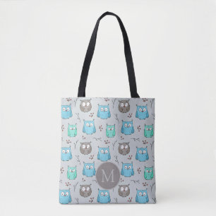 Niedliches graues Owl-Muster Monogramm Tasche
