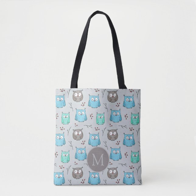 Niedliches graues Owl-Muster Monogramm Tasche (Vorderseite)