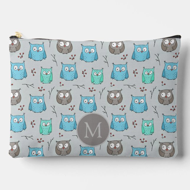 Niedliches graues Owl-Muster Monogramm Zubehörtasche (Vorderseite)
