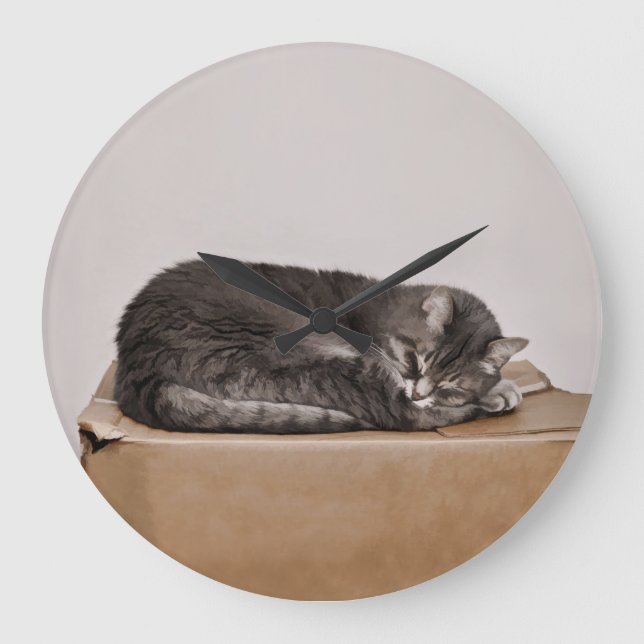 Niedliches graues Tabby - Katzen - Schlafen Große Wanduhr (Vorderseite)