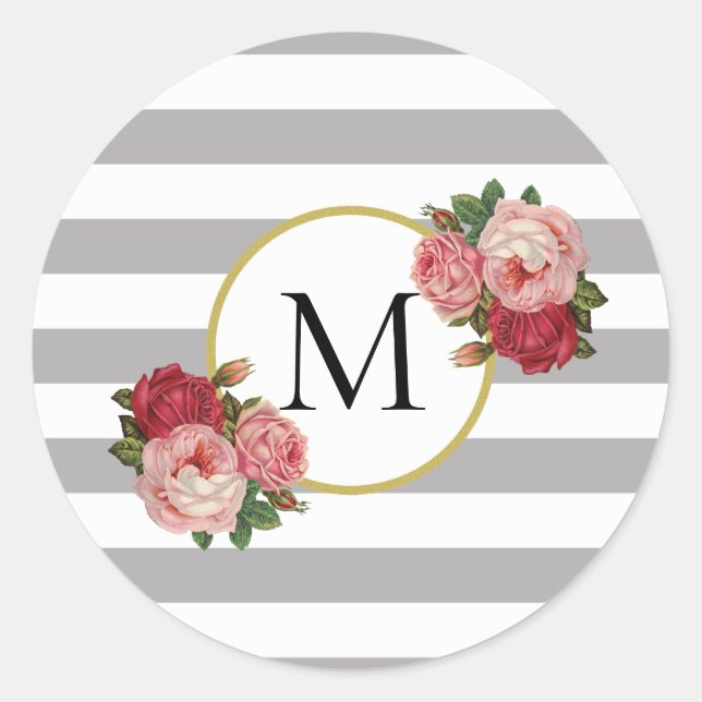 Niedliches grauweißes Retro-Blume Monogramm Runder Aufkleber (Vorderseite)