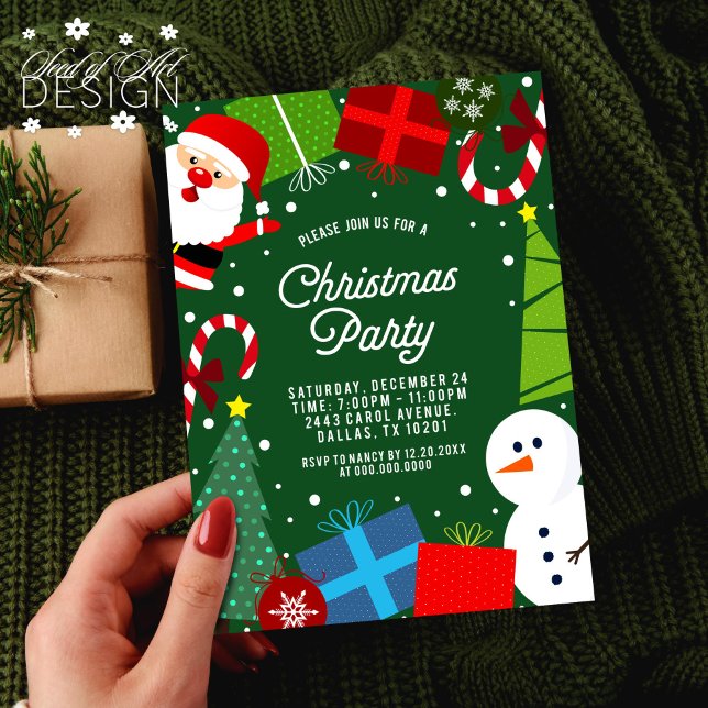 Niedliches Green Christmas Party Santa & Snowman Einladung (Von Creator hochgeladen)