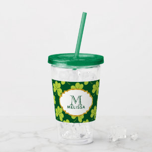 Niedliches Green Clover Kleeblatt Muster mit Monog Acryltrinkbecher