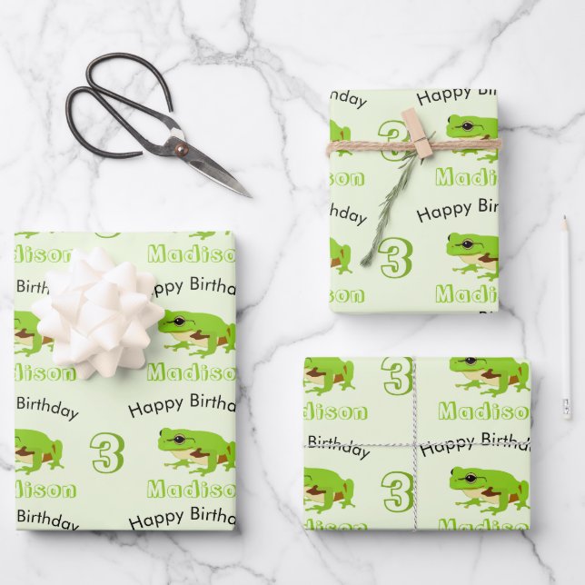 Niedliches Green Tree Frog Muster Name Age Birthda Geschenkpapier Set (Vorderseite)