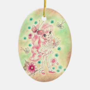 Niedliches großes Augen-Mädchen mit dem rosa Haar Keramikornament