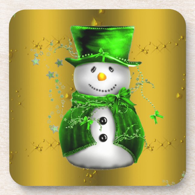 Niedliches Grün und Gold Snowman Weihnachten Getränkeuntersetzer (Vorderseite)