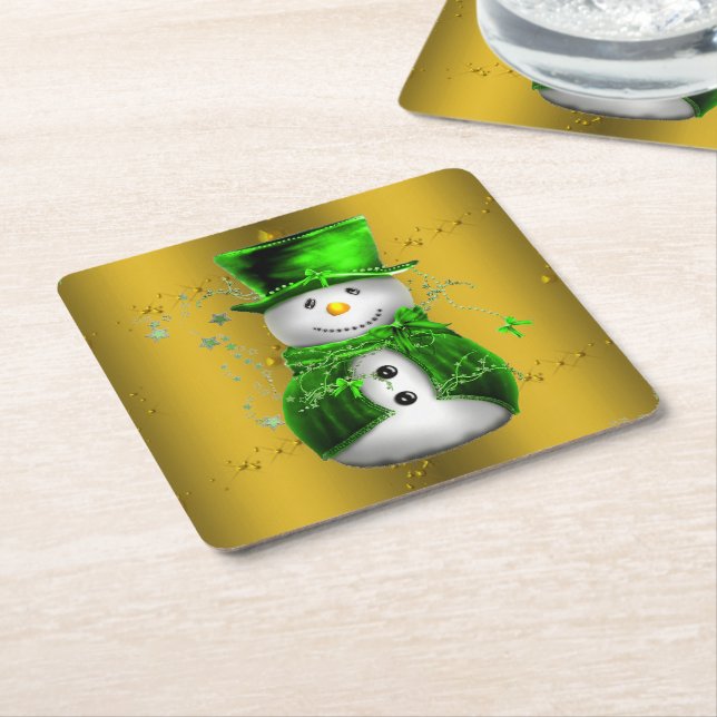 Niedliches Grün und Gold Snowman Weihnachten Rechteckiger Pappuntersetzer (angewinkelt)