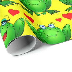 Niedliches grünes Cartoon-Frosch-Liebe-Herz-Gelb Geschenkpapier